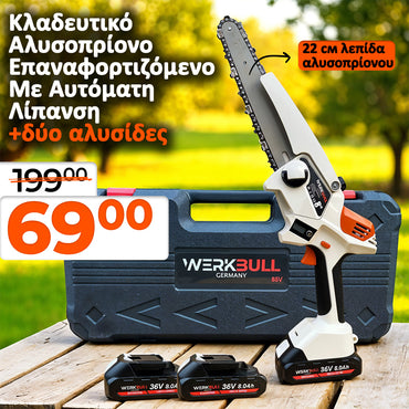 <tc>Γερμανικό αλυσοπρίονο μπαταρίας WerkBull  με δύο μπαταρίες + αλυσίδα .</tc>