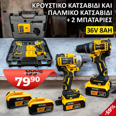 <tc>Παλμικό Κατσαβίδι και Δραπανοκατσάβιδο μπαταρίας WerkBull 36V 8AH χωρίς ψήκτρες σε θήκη</tc>