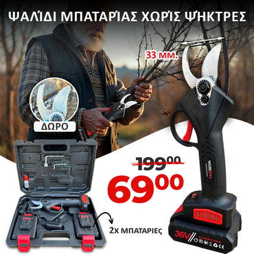 <tc>Ψαλίδι μπαταρίας χωρίς ψήκτρες WerkBull Germany® /36V 8Ah/ + δύο μπαταρίες και λάδι</tc>
