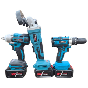 <tc>Σετ 3σε1 χωρίς ψήκτρες WerkBull Διατρητικό, κατσαβίδι και γωνιακός λειαντήρας + 3 μπαταρίες 36V 8Ah</tc>