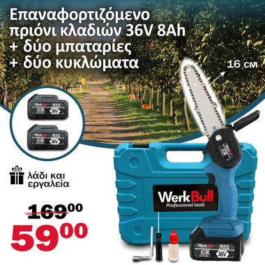<tc>Επαναφορτιζόμενο πριόνι κλαδιών WerkBull / 36V, 8Ah / + δύο κυκλώματα</tc>