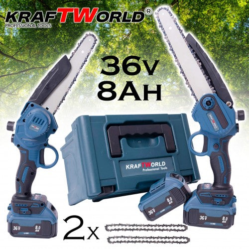 <tc>Μίνι Αλυσοπρίονο KraftWorld 36V 8Ah με Αυτόματη Λίπανση, Δύο Μπαταρίες και Δύο Αλυσίδες</tc>